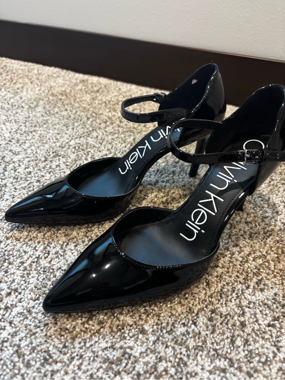 Calvin Klein Dressa Black Patent Pointed-Toe Ankle-Strap Heels